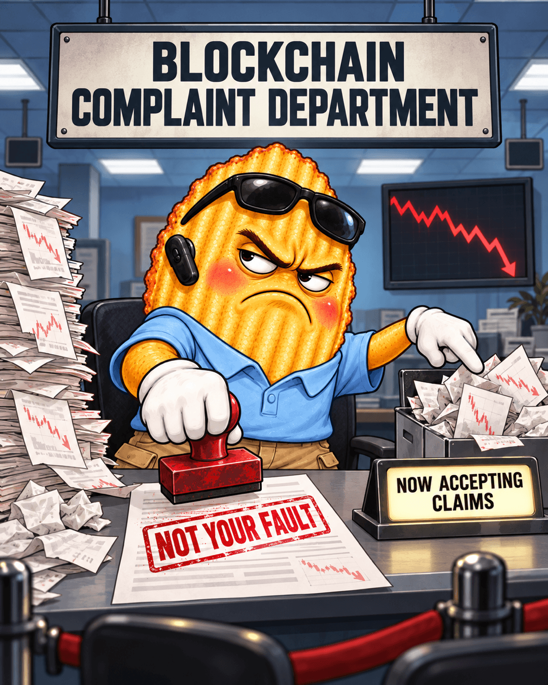 CHIP at a desk under a 'Blockchain Complaint Department' sign, stamping a form 'NOT YOUR FAULT' beside towering stacks of paperwork and a 'Now Accepting Claims' placard.