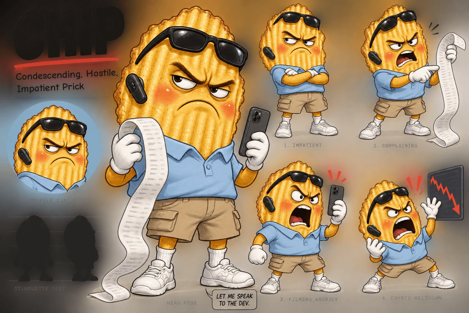 Character reference sheet showing CHIP in a hero pose plus four expressions — impatient, complaining, filming angrily and crypto meltdown — with an avatar and silhouette test.