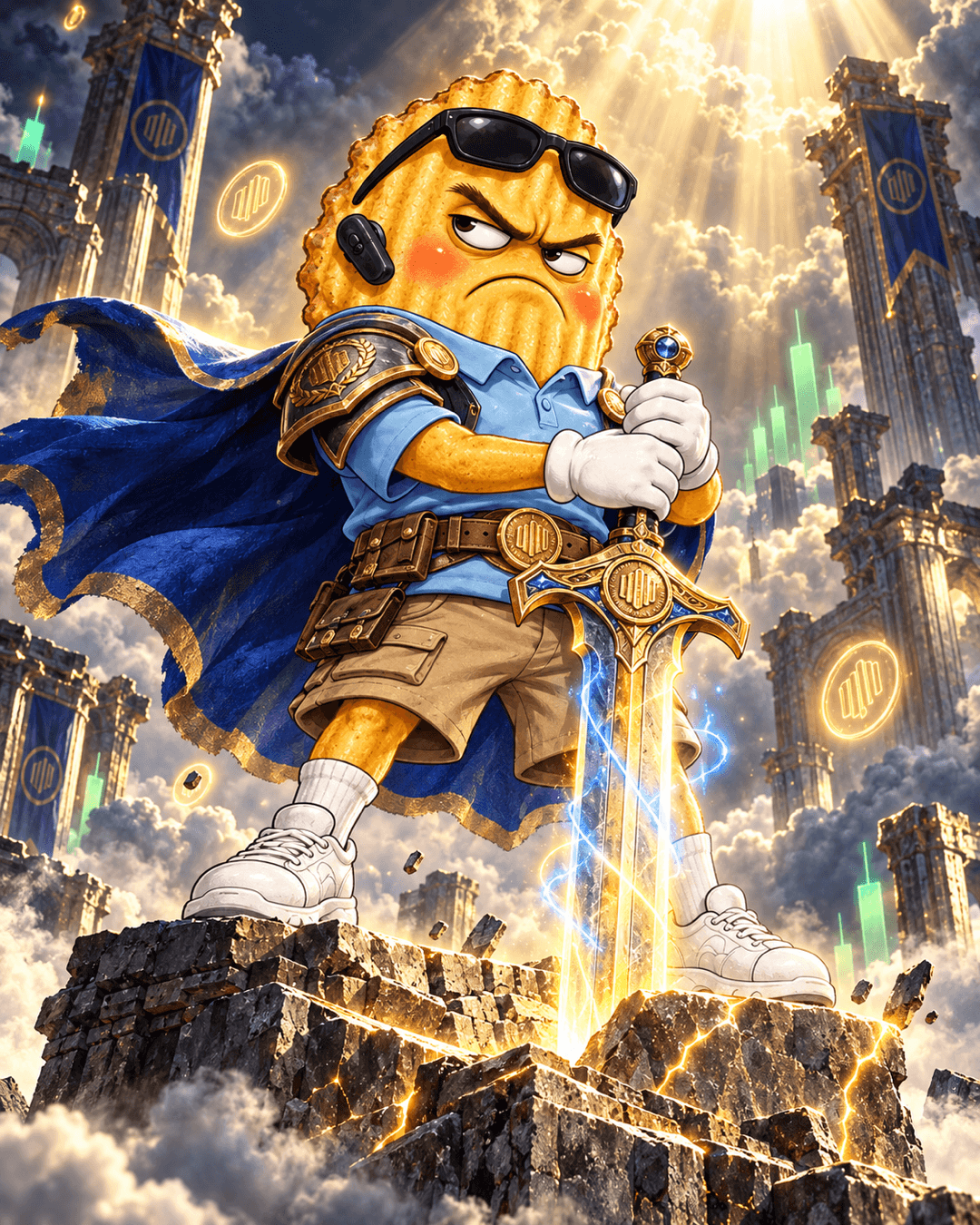 CHIP in a blue cape and gold armor over his polo shirt, gripping a glowing sword planted in a stone pedestal among clouds and golden towers.