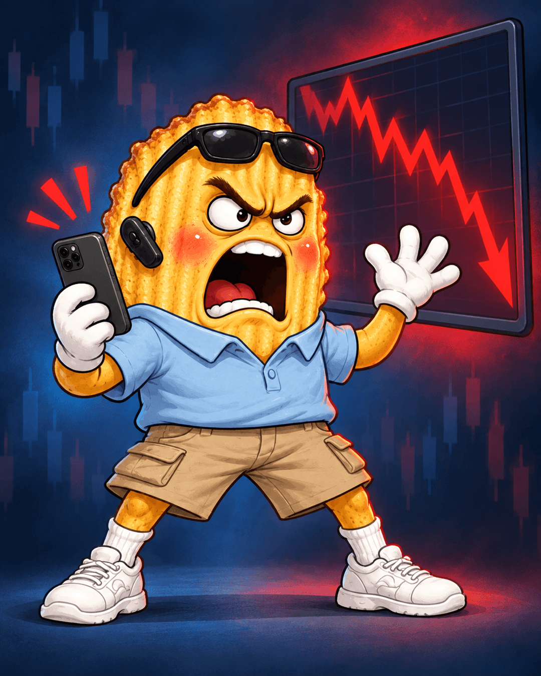 CHIP screaming into his phone, one glove raised, in front of a screen showing a red chart line crashing downward.