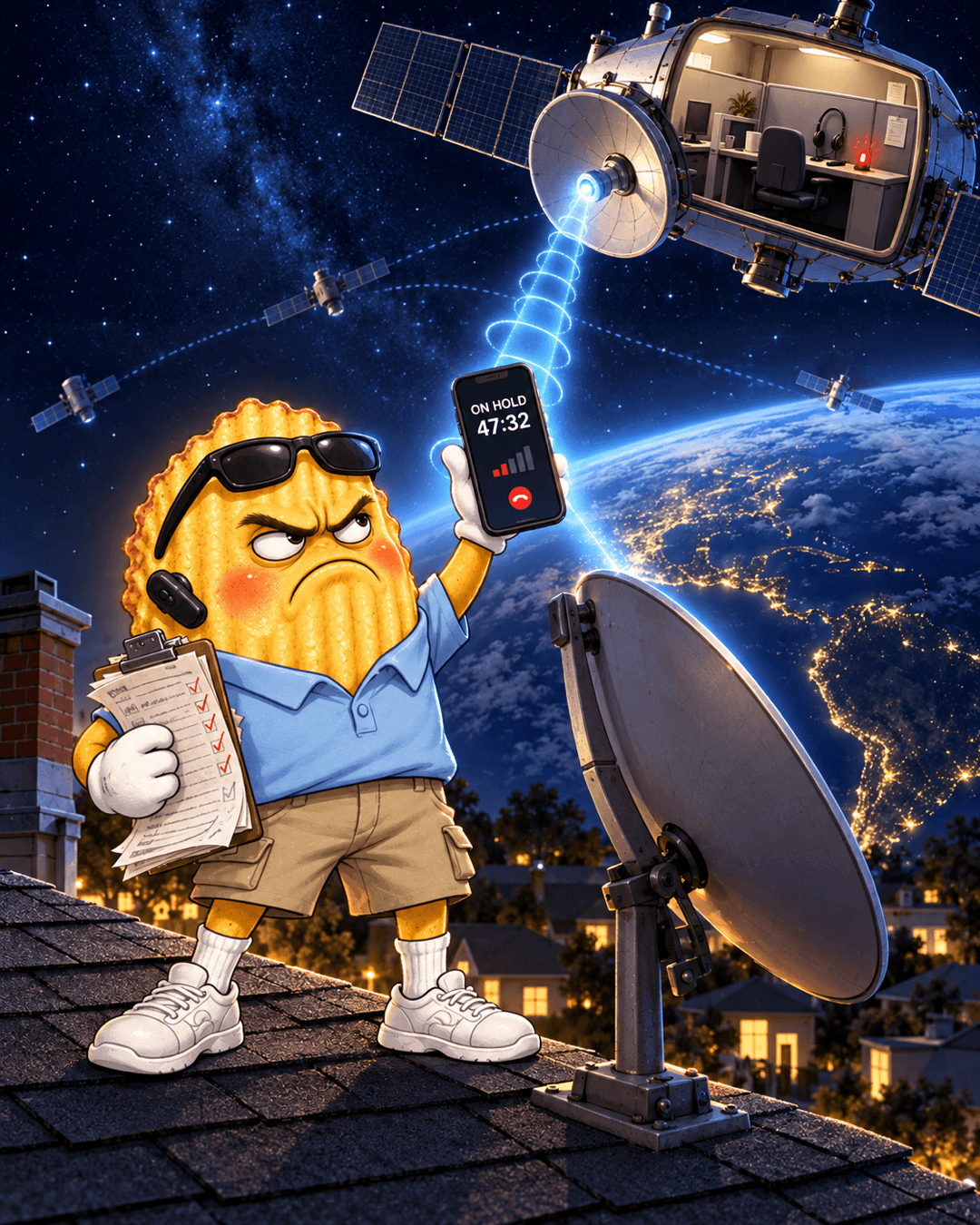 CHIP on a rooftop at night holding a clipboard and a phone showing 'On Hold 47:32', beamed to an empty customer-service cubicle aboard a satellite above Earth.