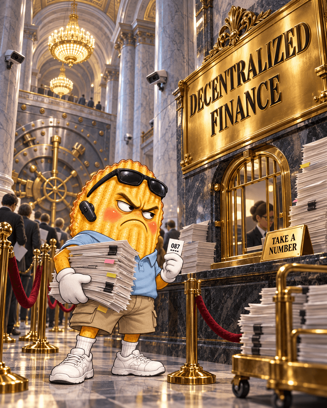 CHIP in a marble bank lobby under a gold 'Decentralized Finance' sign, holding a ticket number and a towering stack of documents while waiting at a 'Take a Number' window.