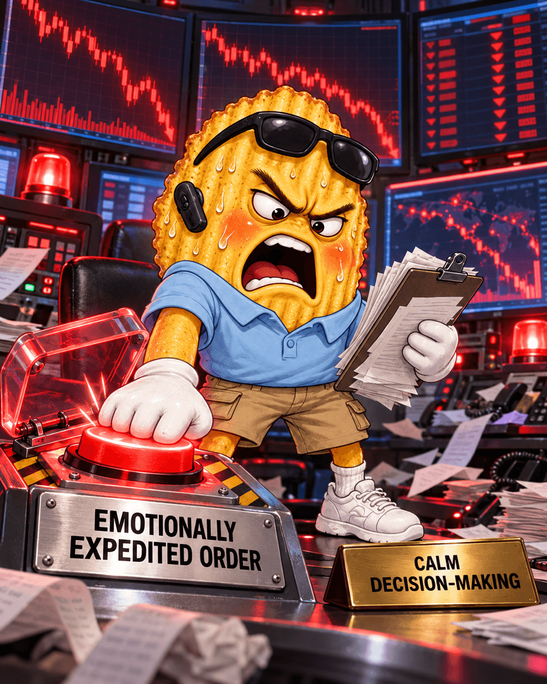 A sweating, furious CHIP slamming a glowing red button labeled 'Emotionally Expedited Order' while ignoring a smaller plaque reading 'Calm Decision-Making', with red charts and alarms behind him.