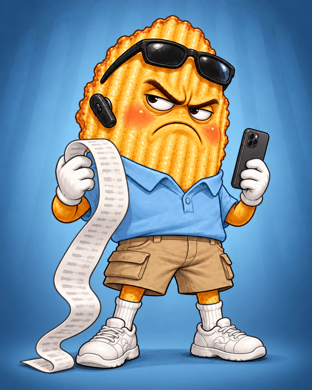 CHIP, an angry ridged potato chip with sunglasses pushed up and a Bluetooth headset, wearing a light-blue polo and khaki cargo shorts, glaring while holding a long receipt and a smartphone.