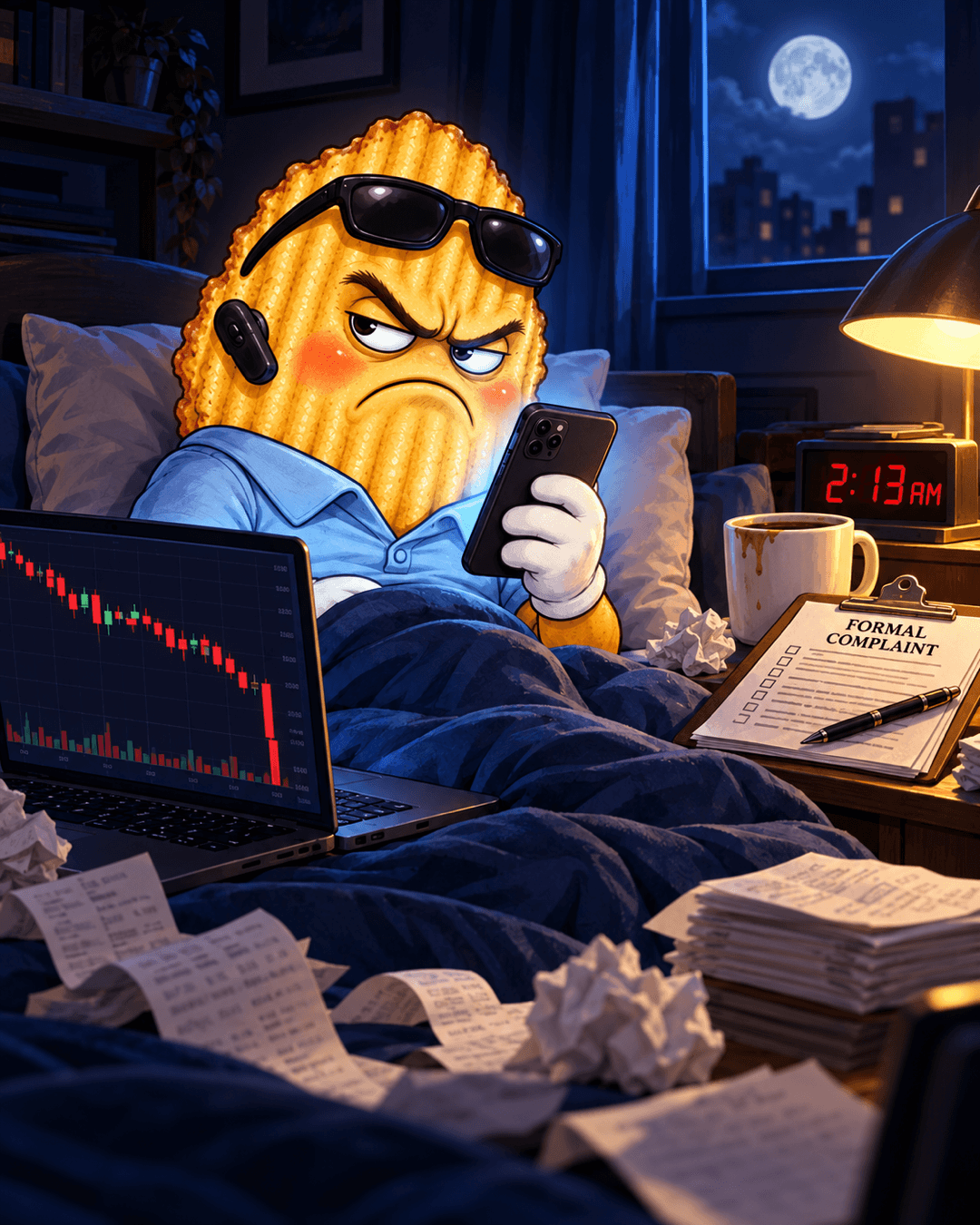 CHIP lying in bed at 2:13 AM scowling at his phone, a laptop showing a falling chart beside him and a clipboard labeled 'Formal Complaint' on the nightstand.