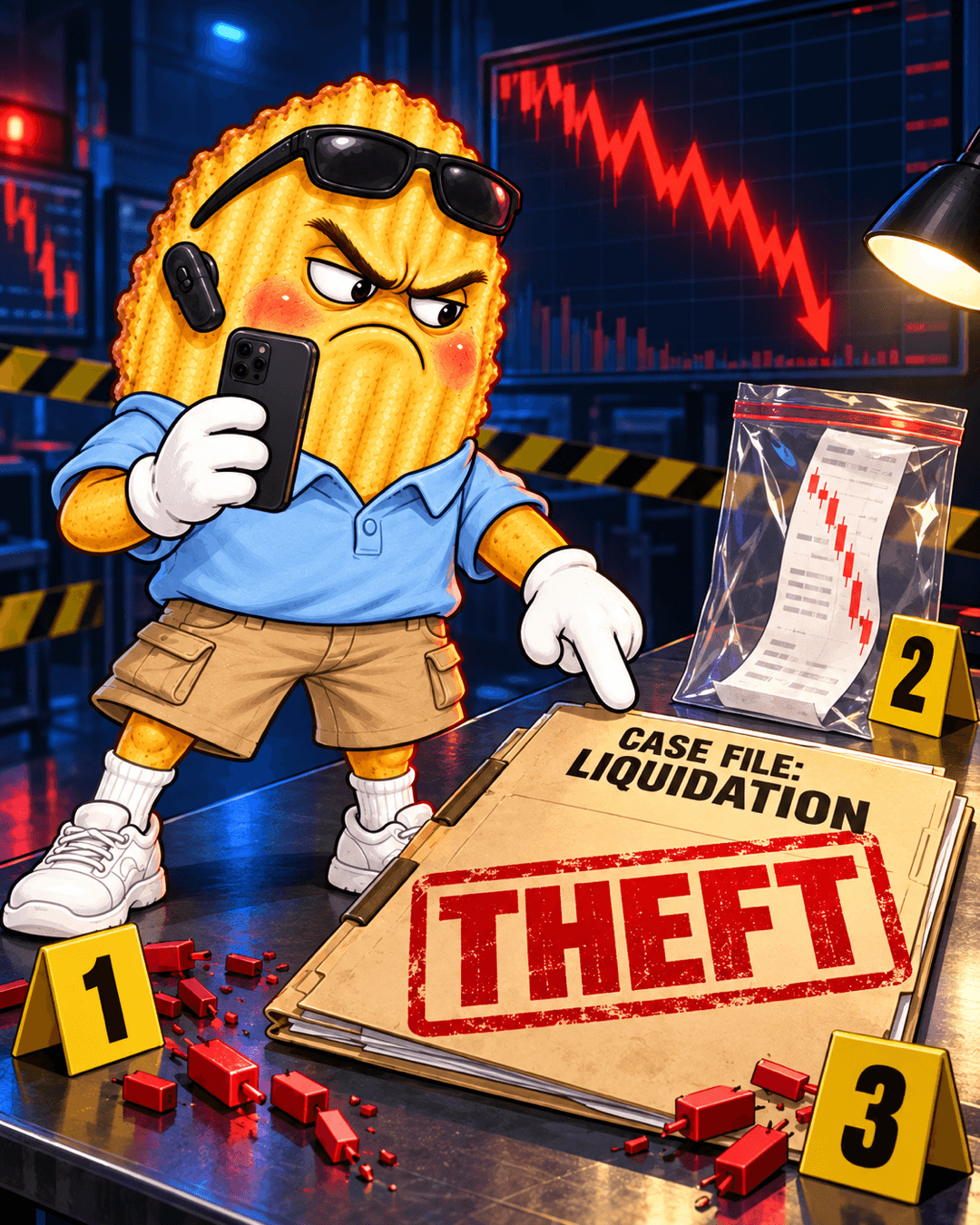 CHIP behind police tape pointing at a case folder stamped 'THEFT' labeled 'Case File: Liquidation', with numbered evidence markers and red candles scattered on the table.