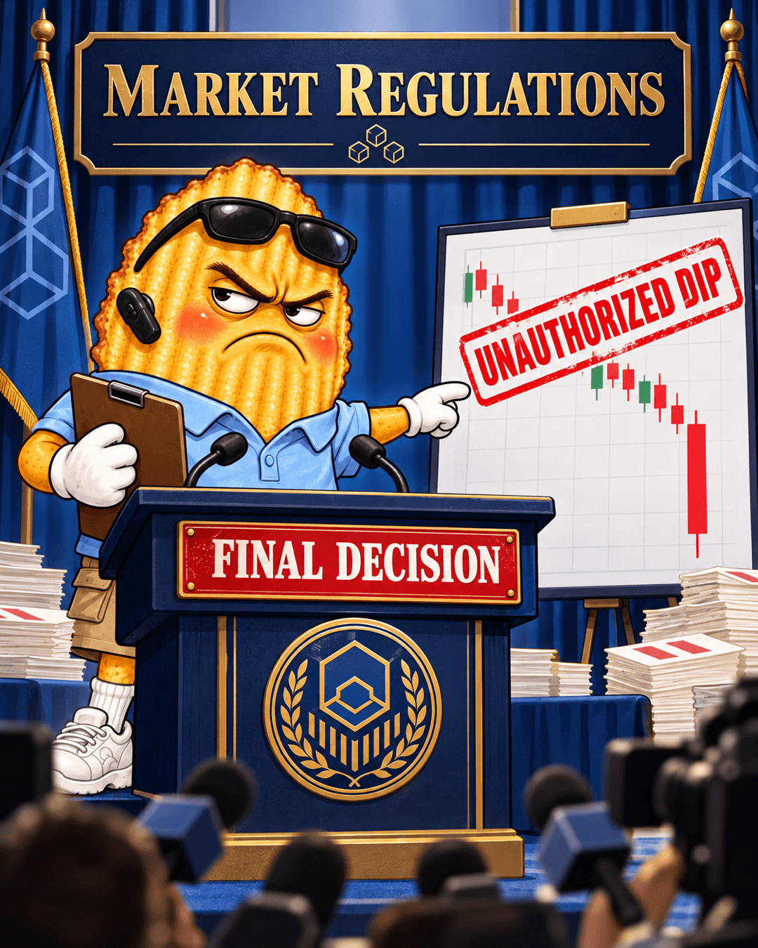 CHIP at a 'Final Decision' podium under a 'Market Regulations' banner, pointing at a chart stamped 'Unauthorized Dip' as press microphones crowd in.