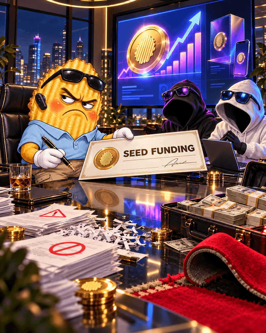 CHIP signing an oversized 'Seed Funding' check at a glass desk while two hooded figures in sunglasses wait beside a briefcase of cash and a chart going up.