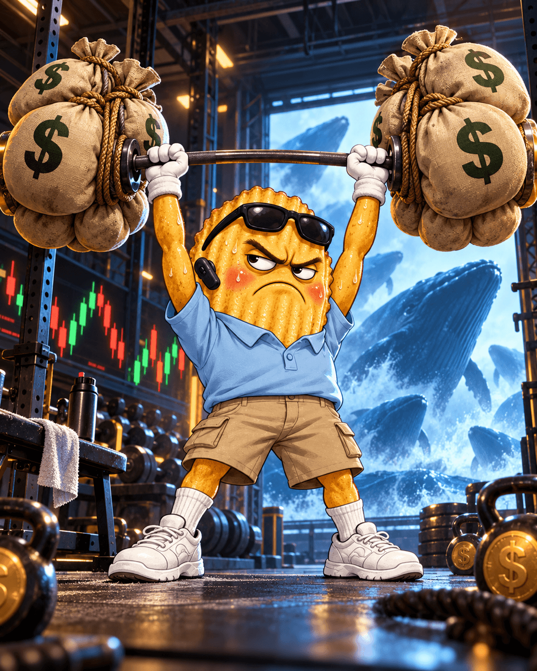 CHIP straining to lift a barbell loaded with bulging money bags in a gym, with trading charts and a breaching whale visible behind him.